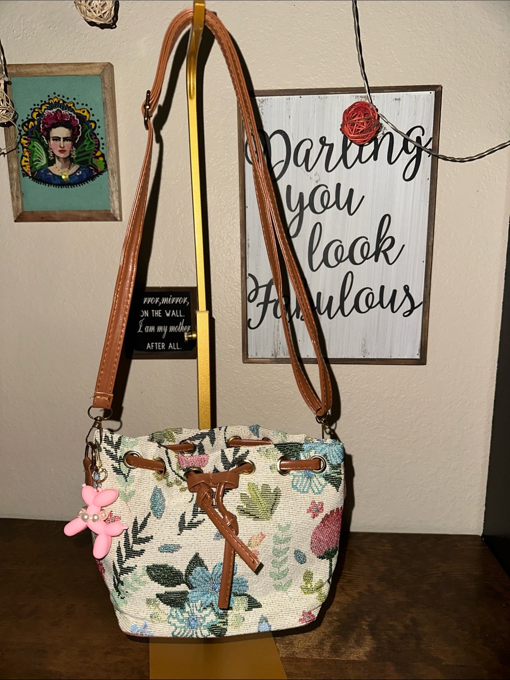 Floral Tapestry Bucket Crossbody Bag with Tan Trim 5x7
